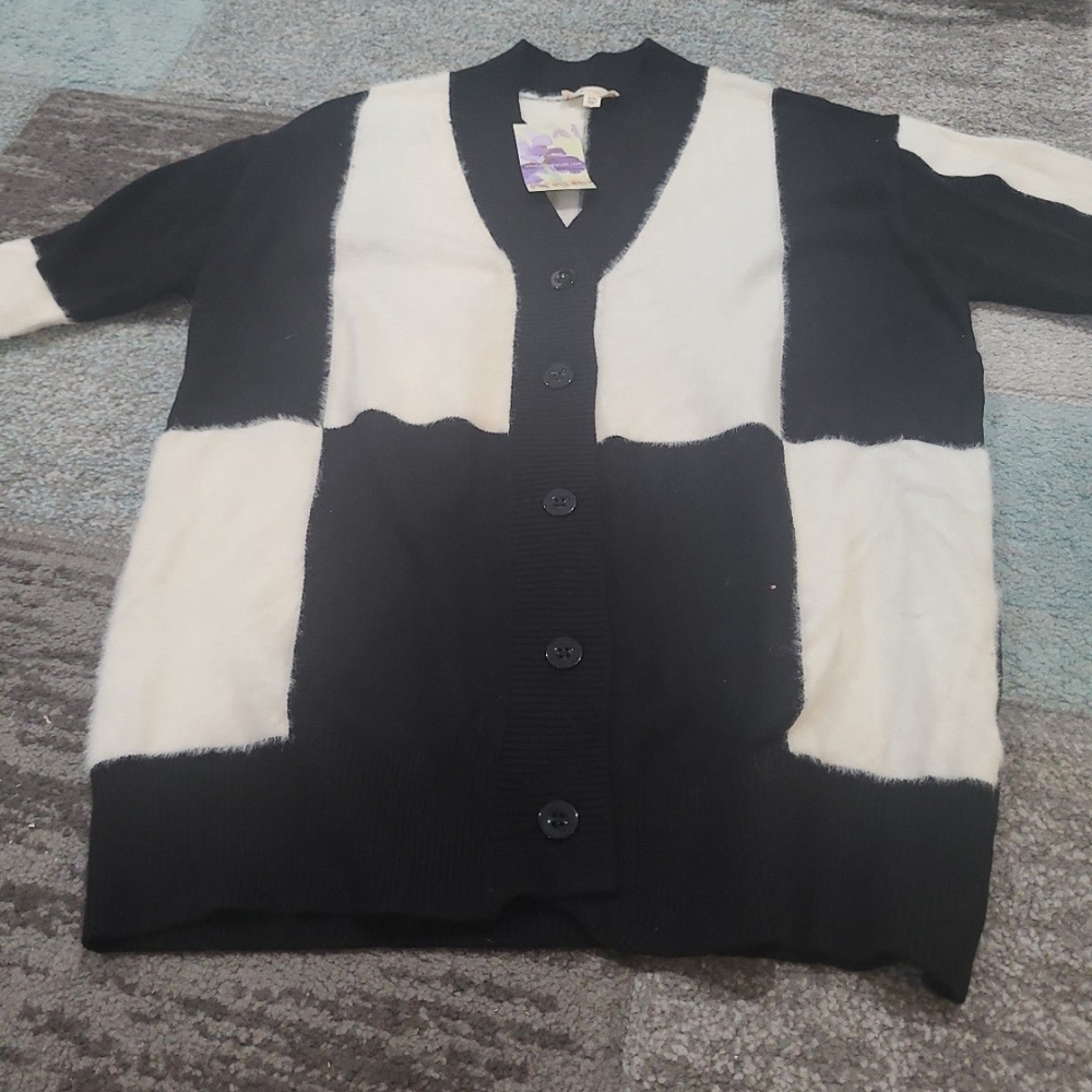 Classic Black and White Knit Cardigan Sweater